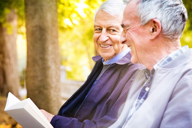 Two elder men sitting on a bench in a park laughing and smiling.