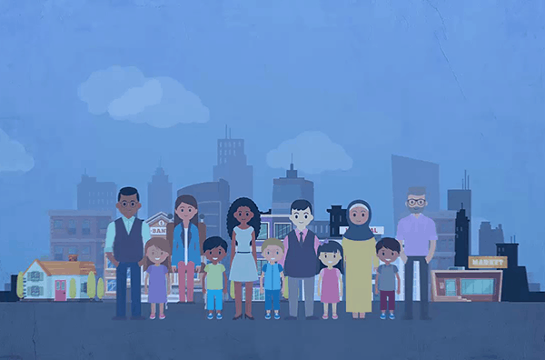 An illustration of a diverse group of happy individuals and families standing together with a cityscape in the background
