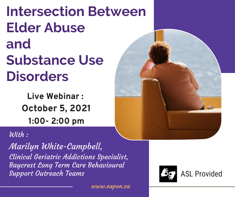 Intersection Between Elder Abuse and Substance Use Disorder poster showing a the back of a woman sitting on a bench.